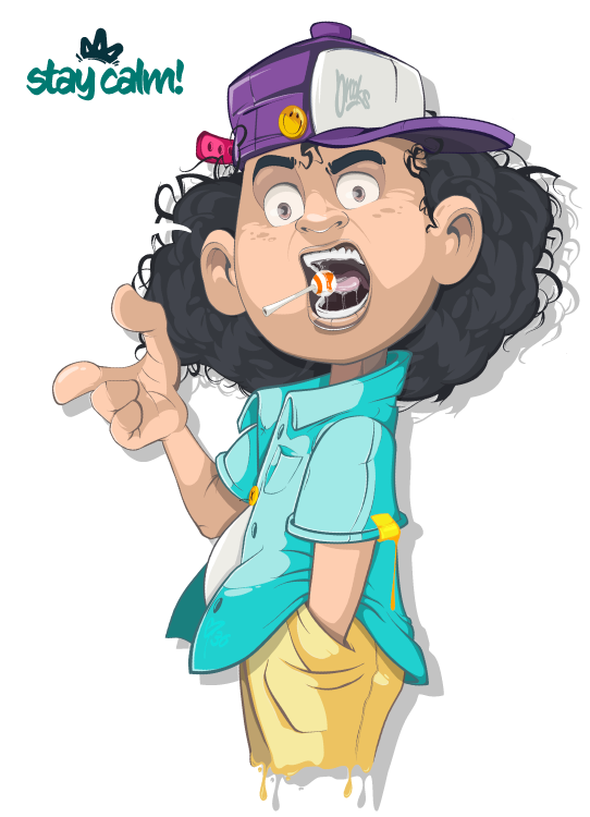 Comicfigur mit Lockenmähne, lutscht am Lolli und trägt bunte Kleidung sowie eine umgedrehte Cap mit Smiley-Pin. Sprechblase mit Text „stay calm!”.