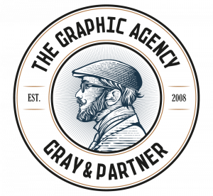 Traditionelles Logo Design: Emblem-Logo GRAY & PARTNER mit Detail-Illustration eines stilisierten Mannes.