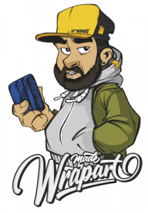 Charakter-Logo Design: Illustration eines bärtigen Mannes mit Kappe, der einen Rakel für Wrap.art hält.