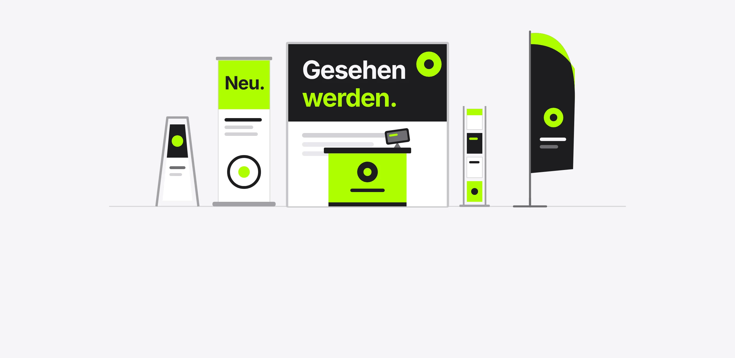 Illustration eines Display-Sets: Kundenstopper, Roll-up, Textilwand mit Theke, Prospektständer und Beachflag